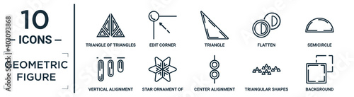 geometric.figure linear icon set. includes thin line triangle of triangles, triangle, semicircle, star ornament of small triangles, triangular shapes forming waves, background, vertical alignment
