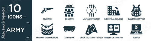 filled army icon set. contain flat revolver, dinamite, military strategy graphic, industrial building, bulletproof vest, military drum musical instrument, amphibian, union military strategy, robber.