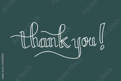 Thank You Card. White Text Handwritten Calligraphy Lettering with Outline Style isolated On Tidewater Green Background. Flat Vector Illustration Design Template Element for Greeting Cards.