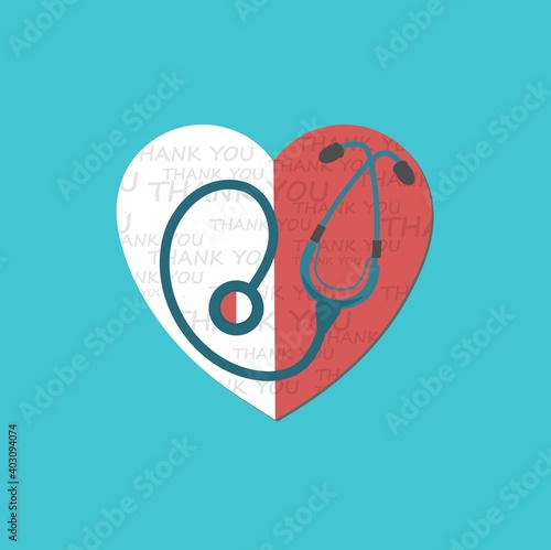 Flat design, red and white heart with a built-in medical instrument stethoscope, vector icon. Doctors love support logo. thanks to doctors, nurses. coronavirus outbreak symbol. Support concept, emblem