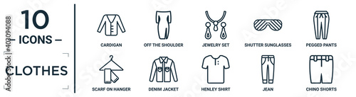 clothes linear icon set. includes thin line cardigan, jewelry set, pegged pants, denim jacket, jean, chino shorts, scarf on hanger icons for report, presentation, diagram, web design