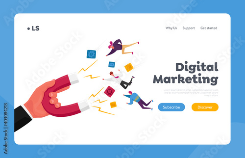 Inbound Marketing, Financial Goals Achievement Landing Page Template. Human Hand with Huge Magnet Attract Businesspeople