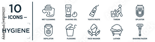 hygiene linear icon set. includes thin line wet cleaning, tooth paste, epliator, flossing, lather, shaving razor, depilator icons for report, presentation, diagram, web design