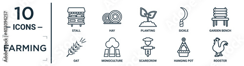 farming linear icon set. includes thin line stall, planting, garden bench, monoculture, hanging pot, rooster, oat icons for report, presentation, diagram, web design