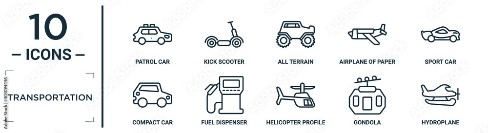 transportation linear icon set. includes thin line patrol car, all ...