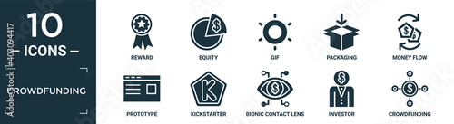 filled crowdfunding icon set. contain flat reward, equity, gif, packaging, money flow, prototype, kickstarter, bionic contact lens, investor, crowdfunding icons in editable format..