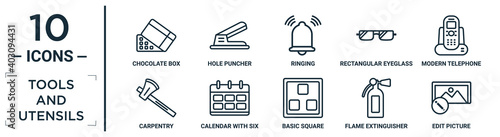 tools.and.utensils linear icon set. includes thin line chocolate box, ringing, modern telephone, calendar with six days, flame extinguisher, edit picture, carpentry icons for report, presentation,