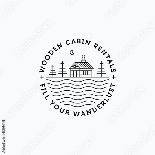 Vector illustration of minimalist line art wooden cabin logo design