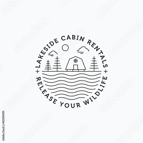 Vector illustration of minimalist line art cabin in the lakeside logo design
