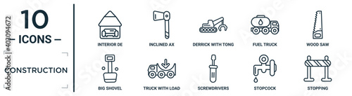 construction linear icon set. includes thin line interior de, derrick with tong, wood saw, truck with load, stopcock, stopping, big shovel icons for report, presentation, diagram, web design