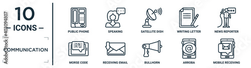 communication linear icon set. includes thin line public phone, satellite dish, news reporter, receiving email, arroba, mobile receiving email, morse code icons for report, presentation, diagram,