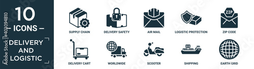 filled delivery and logistic icon set. contain flat supply chain, delivery safety, air mail, logistic protection, zip code, delivery cart, worldwide, scooter, shipping, earth grid icons in editable.