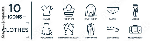 clothes linear icon set. includes thin line blouse, nylon jacket, leggins, chiffon suffle blouse, soccer shoe, messenger bag, peplum skirt icons for report, presentation, diagram, web design