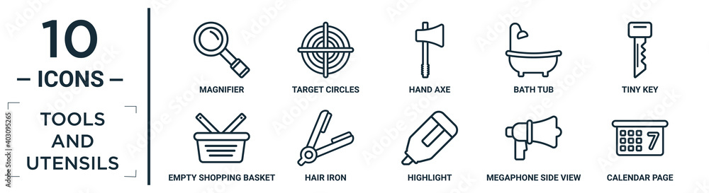 tools.and.utensils linear icon set. includes thin line magnifier, hand ...
