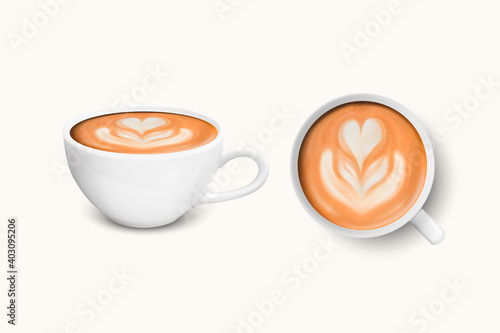 Vector 3d Realistic White Porcelain Ceramic Mug. Milk Coffee, Foam, Heart, Flower Pattern Set Isolated on White. Capuccino, Latte. Stock Vector Illustration. Design Template, Mockup. Front, Top View