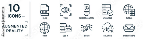 augmented.reality linear icon set. includes thin line xlsx, remote control, global, log in, solution, stereoscope, visit icons for report, presentation, diagram, web design
