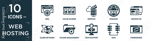filled web hosting icon set. contain flat dns, color scheme, improve, domains, mockup de, globe network, folder management, tech support, raid, forwarding icons in editable format..