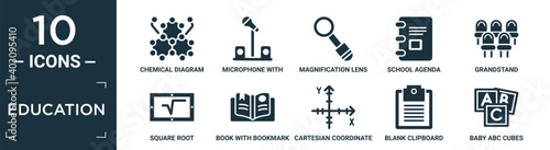 filled education icon set. contain flat chemical diagram, microphone with stand, magnification lens, school agenda, grandstand, square root, book with bookmark, cartesian coordinate system, blank.