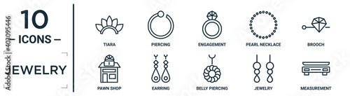 jewelry linear icon set. includes thin line tiara, engagement, brooch, earring, jewelry, measurement, pawn shop icons for report, presentation, diagram, web design