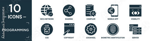 filled programming icon set. contain flat secu network, sharing, compiler, mobile app, visibility, css, copyright, cogwheel, biometric identification, server icons in editable format..