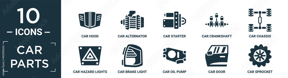 filled car parts icon set. contain flat car hood, car alternator, car starter, crankshaft, chassis, hazard lights, brake light, oil pump, door, sprocket icons in editable format..