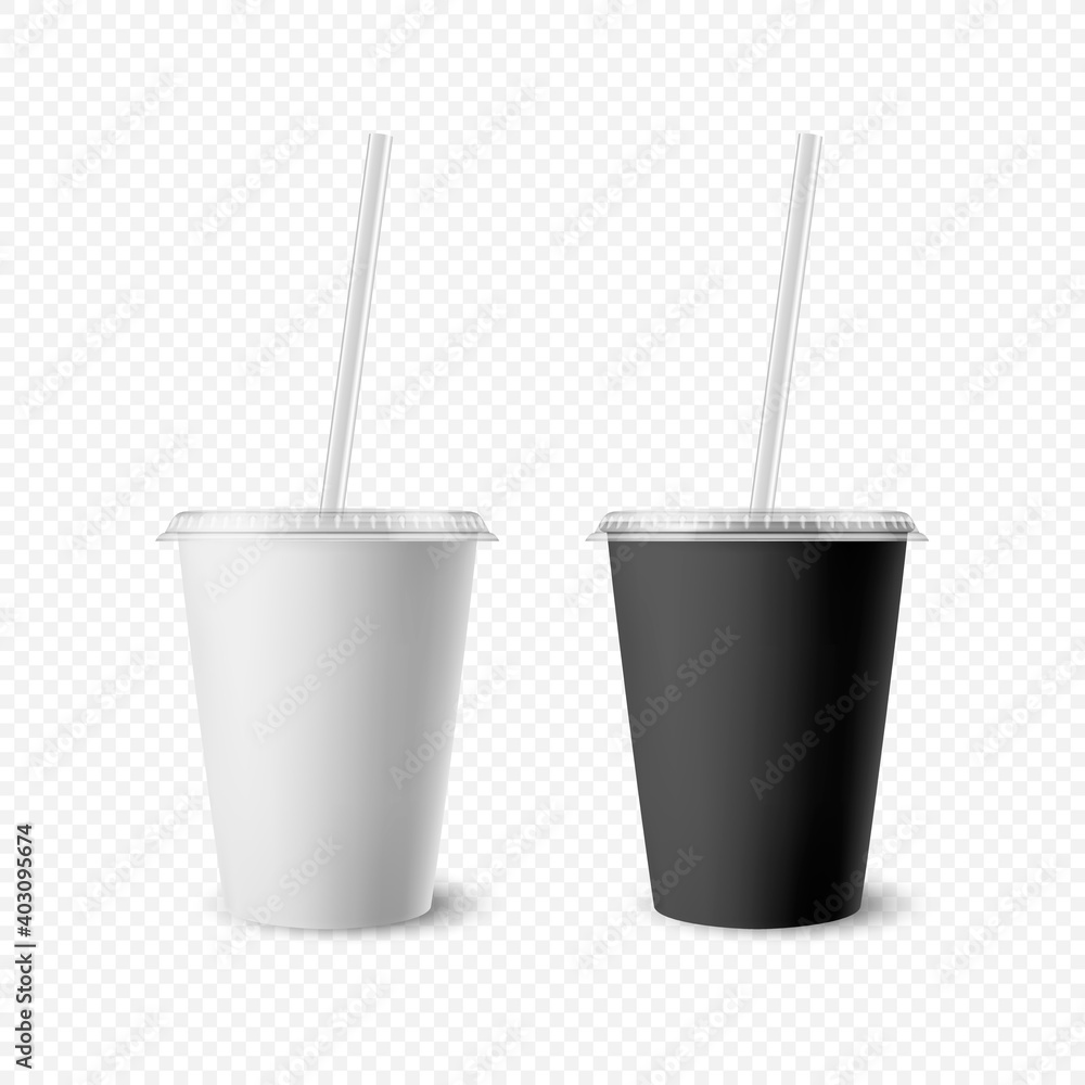 Vector 3d Realistic White, Black Paper Disposable Cup Set with Lid, Straw for Beverage, Drinks Isolated. Coffee, Soda, Tea, Cocktail, Milkshake. Design Template of Packaging for Mockup. Front View Vector 3d Realistic White, Black Paper Disposable Cup Set with Lid, Straw for Beverage, Drinks Isolated. Coffee, Soda, Tea, Cocktail, Milkshake. Design Template of Packaging for Mockup. Front View