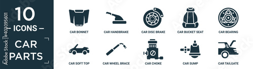 filled car parts icon set. contain flat car bonnet, car handbrake, car disc brake, bucket seat, bearing, soft top, wheel brace, choke, sump, tailgate icons in editable format..