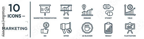 marketing linear icon set. includes thin line marketing presentation, demand, yield, offer, result, fluctuation, bid icons for report, presentation, diagram, web design