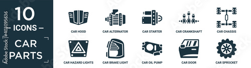 filled car parts icon set. contain flat car hood, car alternator, car starter, crankshaft, chassis, hazard lights, brake light, oil pump, door, sprocket icons in editable format..