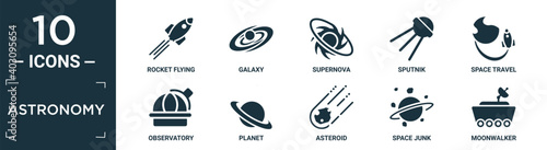 filled astronomy icon set. contain flat rocket flying, galaxy, supernova, sputnik, space travel, observatory, planet, asteroid, space junk, moonwalker icons in editable format..