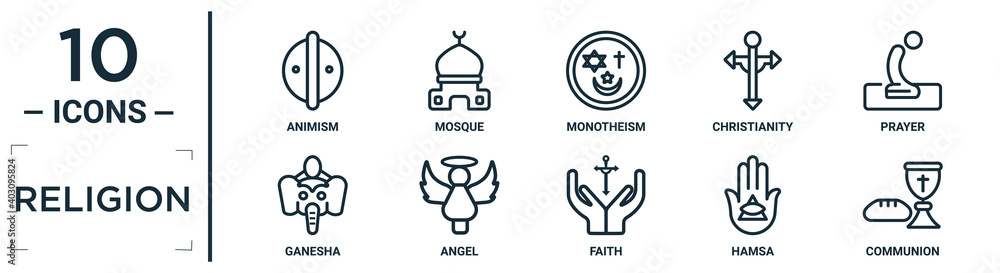 religion linear icon set. includes thin line animism, monotheism, prayer, angel, hamsa, communion, ganesha icons for report, presentation, diagram, web design