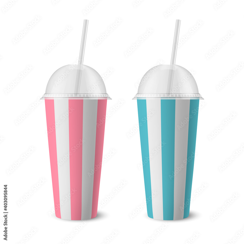 Vector 3d Realistic Striped White Paper Disposable Cup Set with Lid, Straw for Beverage, Drinks Isolated. Coffee, Soda, Tea, Cocktail, Milkshake. Design Template of Packaging for Mockup. Front View Vector 3d Realistic Striped White Paper Disposable Cup Set with Lid, Straw for Beverage, Drinks Isolated. Coffee, Soda, Tea, Cocktail, Milkshake. Design Template of Packaging for Mockup. Front View