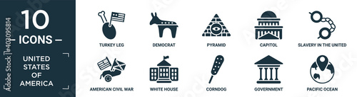 filled united states of america icon set. contain flat turkey leg, democrat, pyramid, capitol, slavery in the united states, american civil war, white house, corndog, government, pacific ocean icons.