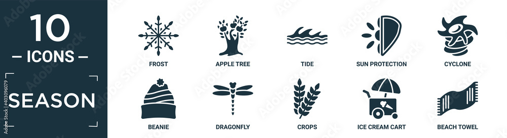 filled season icon set. contain flat frost, apple tree, tide, sun protection, cyclone, beanie, dragonfly, crops, ice cream cart, beach towel icons in editable format..
