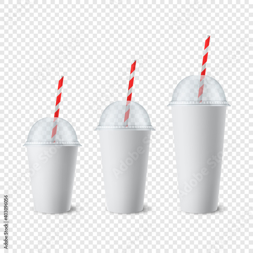 Vector 3d Realistic White Paper Disposable Cup Set with Lid, Straw for Beverage, Drinks Isolated. Coffee, Soda, Tea, Cocktail, Milkshake, Juice. Design Template of Packaging for Mockup. Front View