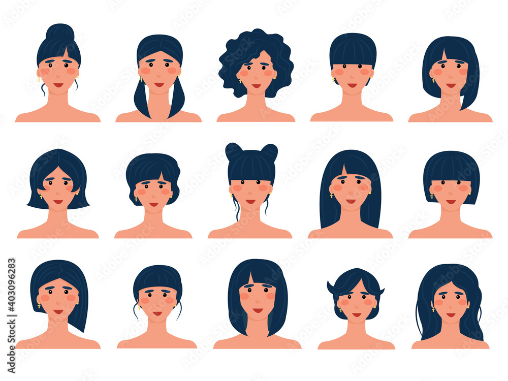 set of 15 brunette avatars with different hairstyles. Isolated image of a European girl with dark hair. Hairstyle options. Vector illustration. set of 15 brunette avatars with different hairstyles. Isolated image of a European girl with dark hair. Hairstyle options. Vector illustration.