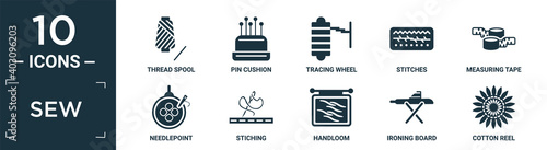 filled sew icon set. contain flat thread spool, pin cushion, tracing wheel, stitches, measuring tape, needlepoint, stiching, handloom, ironing board, cotton reel icons in editable format..