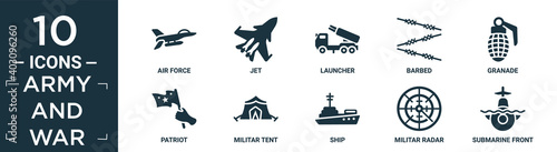 filled army and war icon set. contain flat air force, jet, launcher, barbed, granade, patriot, militar tent, ship, militar radar, submarine front view icons in editable format.. photo