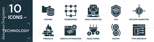 filled technology icon set. contain flat caching, frameworks, email marketing, vpn, affiliate marketing, firewalls, website optimization, sales funnel, devops, type hierarchy icons in editable.