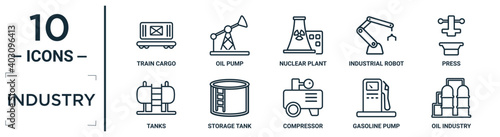industry linear icon set. includes thin line train cargo, nuclear plant, press, storage tank, gasoline pump, oil industry, tanks icons for report, presentation, diagram, web design