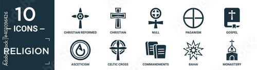 filled religion icon set. contain flat christian reformed church, christian, null, paganism, gospel, asceticism, celtic cross, commandments, bahai, monastery icons in editable format..