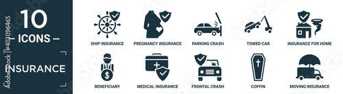 filled insurance icon set. contain flat ship insurance, pregnancy insurance, parking crash, towed car, for home of tornado, beneficiary, medical frontal crash, coffin, moving icons in editable.