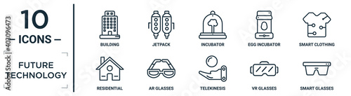 future.technology linear icon set. includes thin line building, incubator, smart clothing, ar glasses, vr glasses, smart glasses, residential icons for report, presentation, diagram, web design