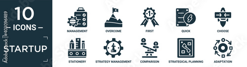 filled startup icon set. contain flat management, overcome, first, quick, choose, stationery, strategy management, comparison, strategical planning, adaptation icons in editable format..
