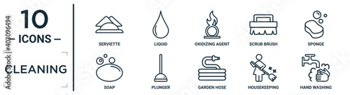cleaning linear icon set. includes thin line serviette, oxidizing agent, sponge, plunger, housekeeping, hand washing, soap icons for report, presentation, diagram, web design