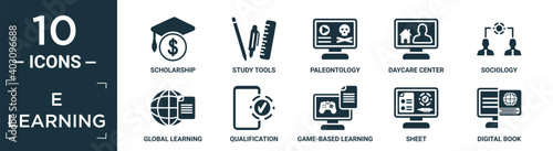filled e learning icon set. contain flat scholarship, study tools, paleontology, daycare center, sociology, global learning, qualification, game-based learning, sheet, digital book icons in editable.
