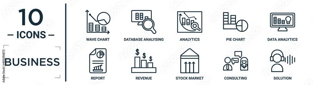 business linear icon set. includes thin line wave chart, analytics ...