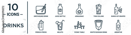 drinks linear icon set. includes thin line greyhound drink, armagnac, bunch of grapes, mojito, white russian drink, absinthe, french press icons for report, presentation, diagram, web design