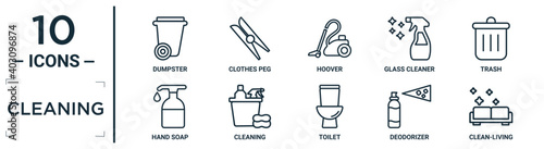 cleaning linear icon set. includes thin line dumpster, hoover, trash, cleaning, deodorizer, clean-living, hand soap icons for report, presentation, diagram, web design