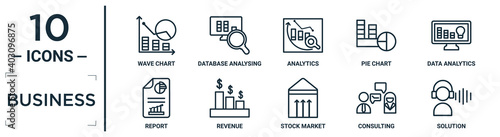 business linear icon set. includes thin line wave chart, analytics, data analytics, revenue, consulting, solution, report icons for report, presentation, diagram, web design